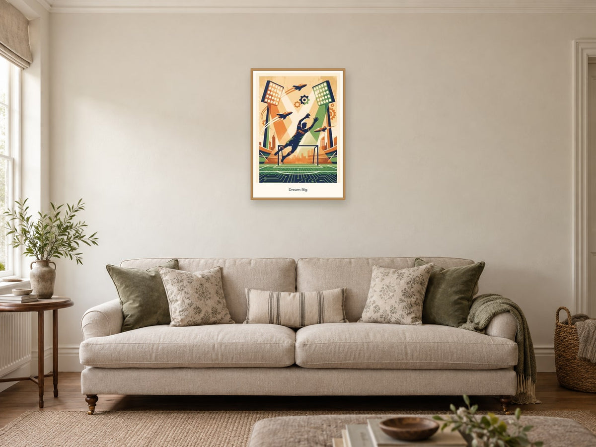 Dream Big — Football Futures Children’s Art Print at A2, in a natural wood frame, in a sitting room