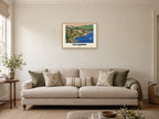 Salcombe — Gouache Art Print at A2, in a natural wood frame, in a sitting room