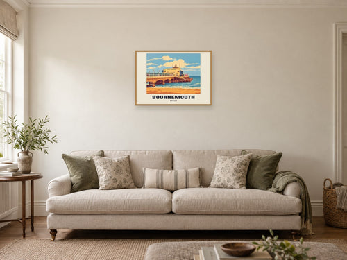 Bournemouth — Retro Railway Art Print at A2, in a natural wood frame, in a sitting room