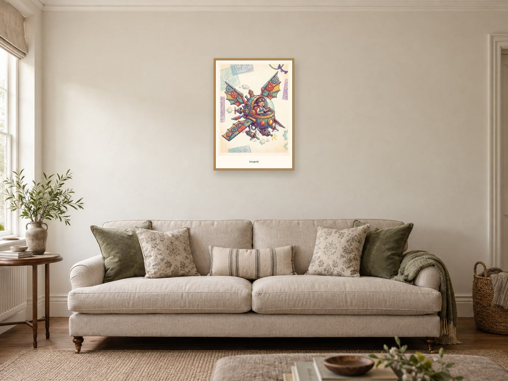 Invent — Inventor’s Club Children’s Art Print at A2, in a natural wood frame, in a sitting room