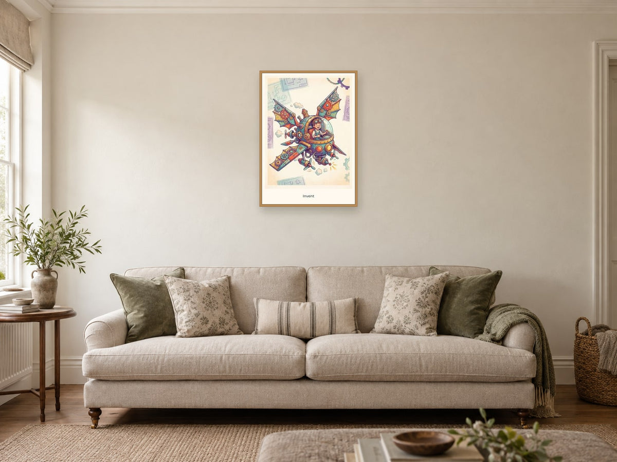 Invent — Inventor’s Club Children’s Art Print at A2, in a natural wood frame, in a sitting room