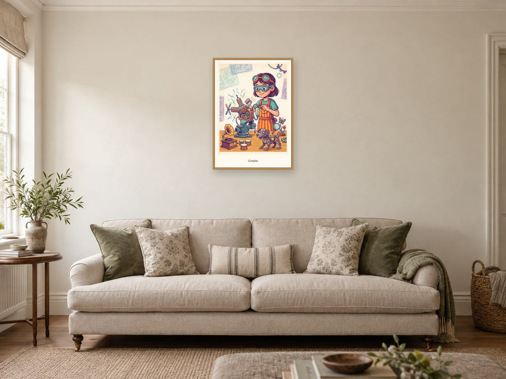 Create — Inventor’s Club Children’s Art Print at A2, in a natural wood frame, in a sitting room
