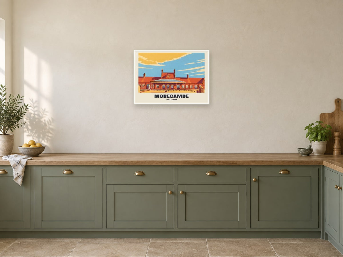 Morecambe — Retro Railway Art Print at A2, in a white frame, in a kitchen