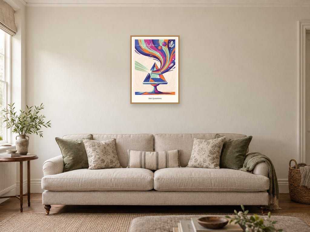 Ask Questions — Science Sparks Children’s Art Print at A2, in a natural wood frame, in a sitting room