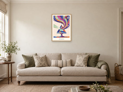 Ask Questions — Science Sparks Children’s Art Print at A2, in a natural wood frame, in a sitting room