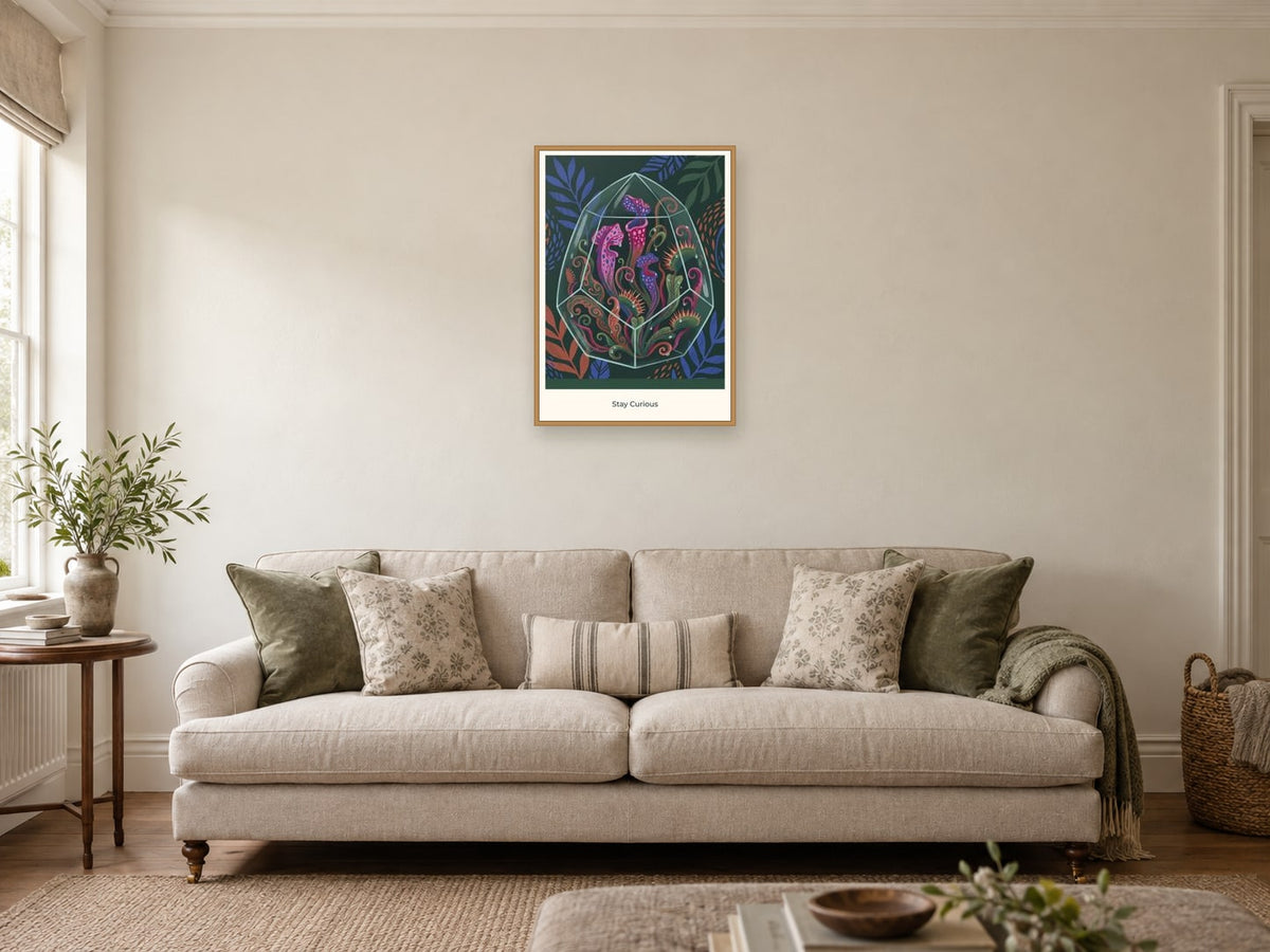 Stay Curious — Botanical Explorers Children’s Art Print at A2, in a natural wood frame, in a sitting room