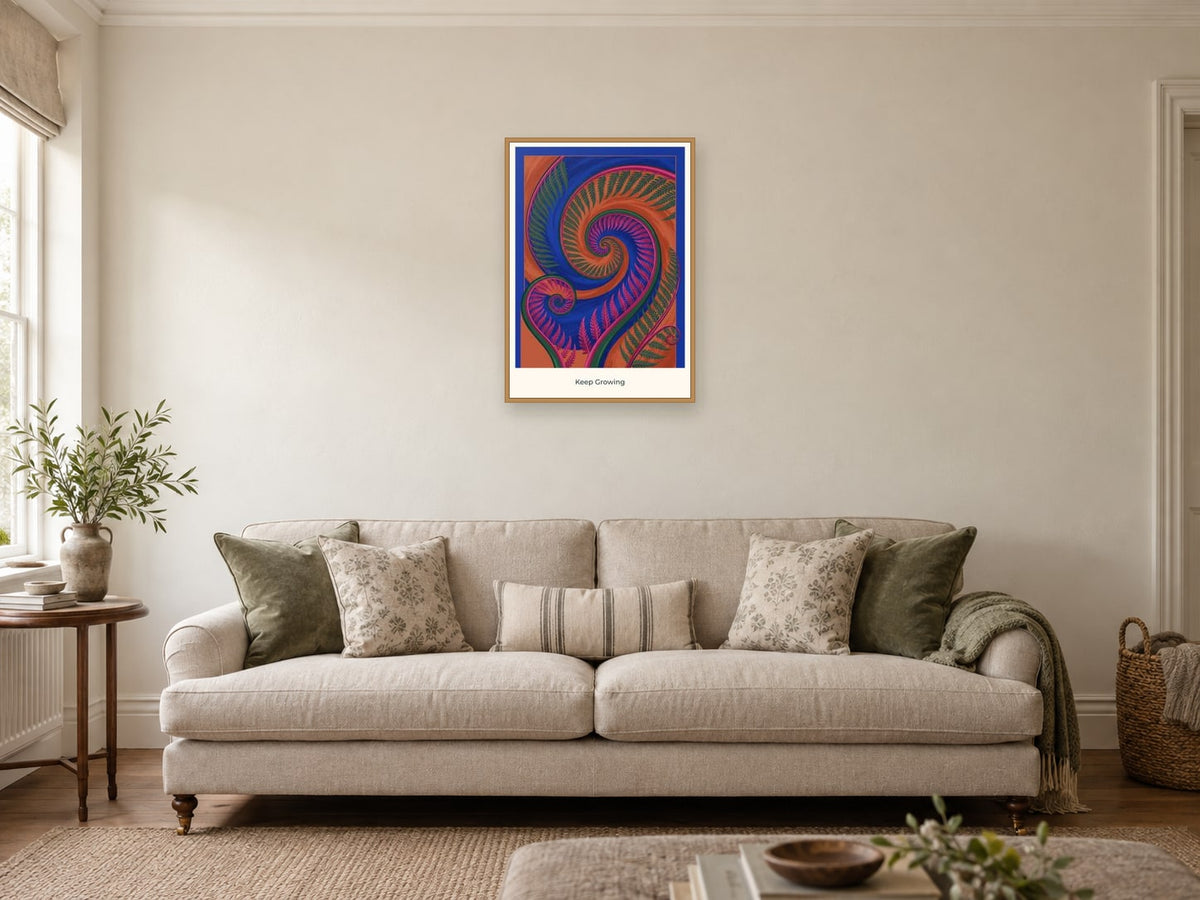 Keep Growing — Botanical Explorers Children’s Art Print at A2, in a natural wood frame, in a sitting room