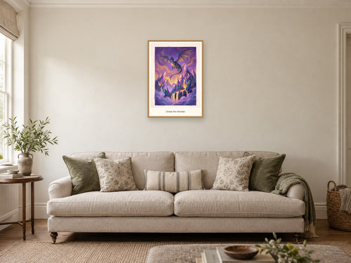 Chase the Wonder — Quest Beyond Children’s Art Print at A2, in a natural wood frame, in a sitting room