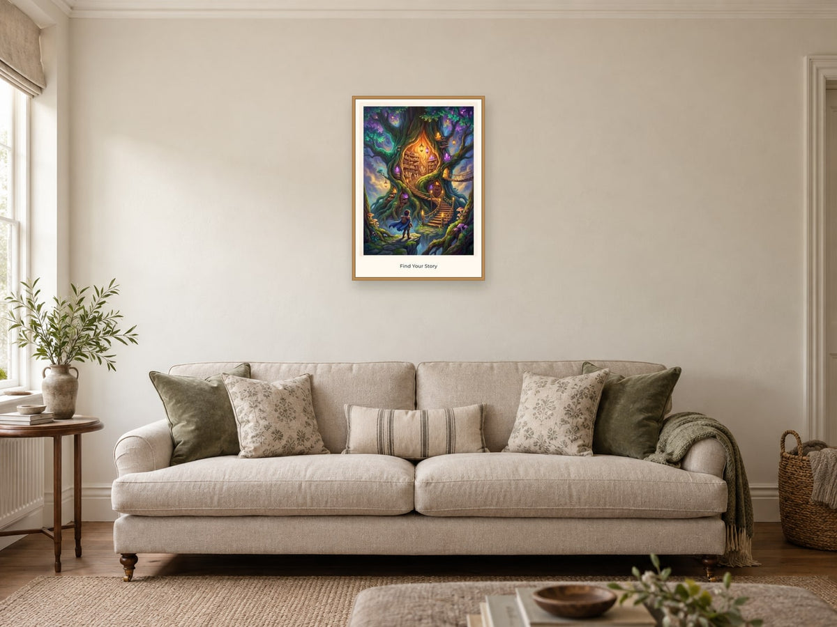 Find Your Story — Quest Beyond Children’s Art Print at A2, in a natural wood frame, in a sitting room
