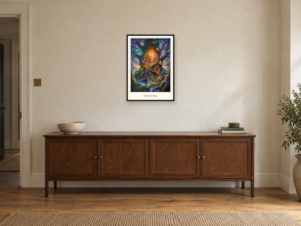Find Your Story — Quest Beyond Children’s Art Print at A2, in a black frame, above a sideboard