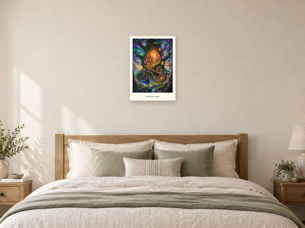 Find Your Story — Quest Beyond Children’s Art Print at A2, as a poster, above a bed