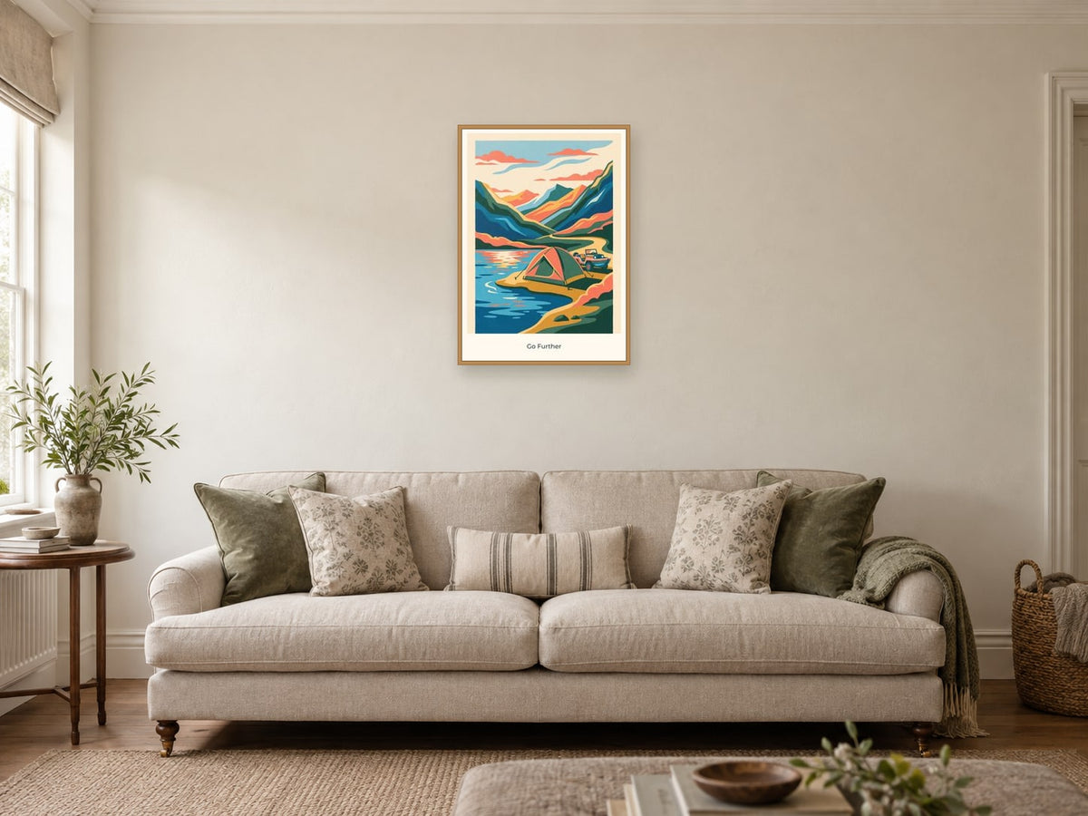 Go Further — Adventure Atlas Children’s Art Print at A2, in a natural wood frame, in a sitting room