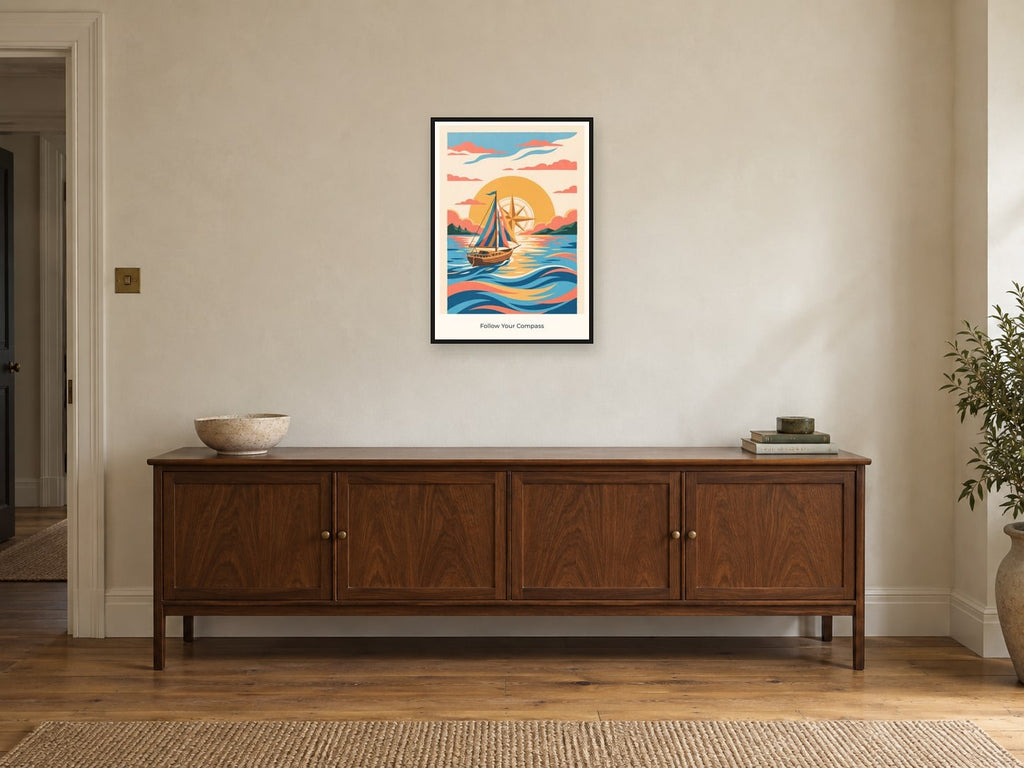 Follow Your Compass — Adventure Atlas Children’s Art Print at A2, in a black frame, above a sideboard