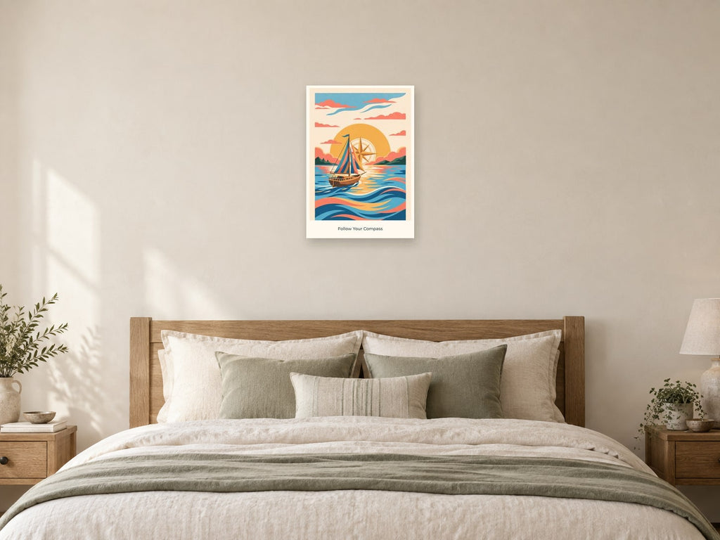 Follow Your Compass — Adventure Atlas Children’s Art Print at A2, as a poster, above a bed