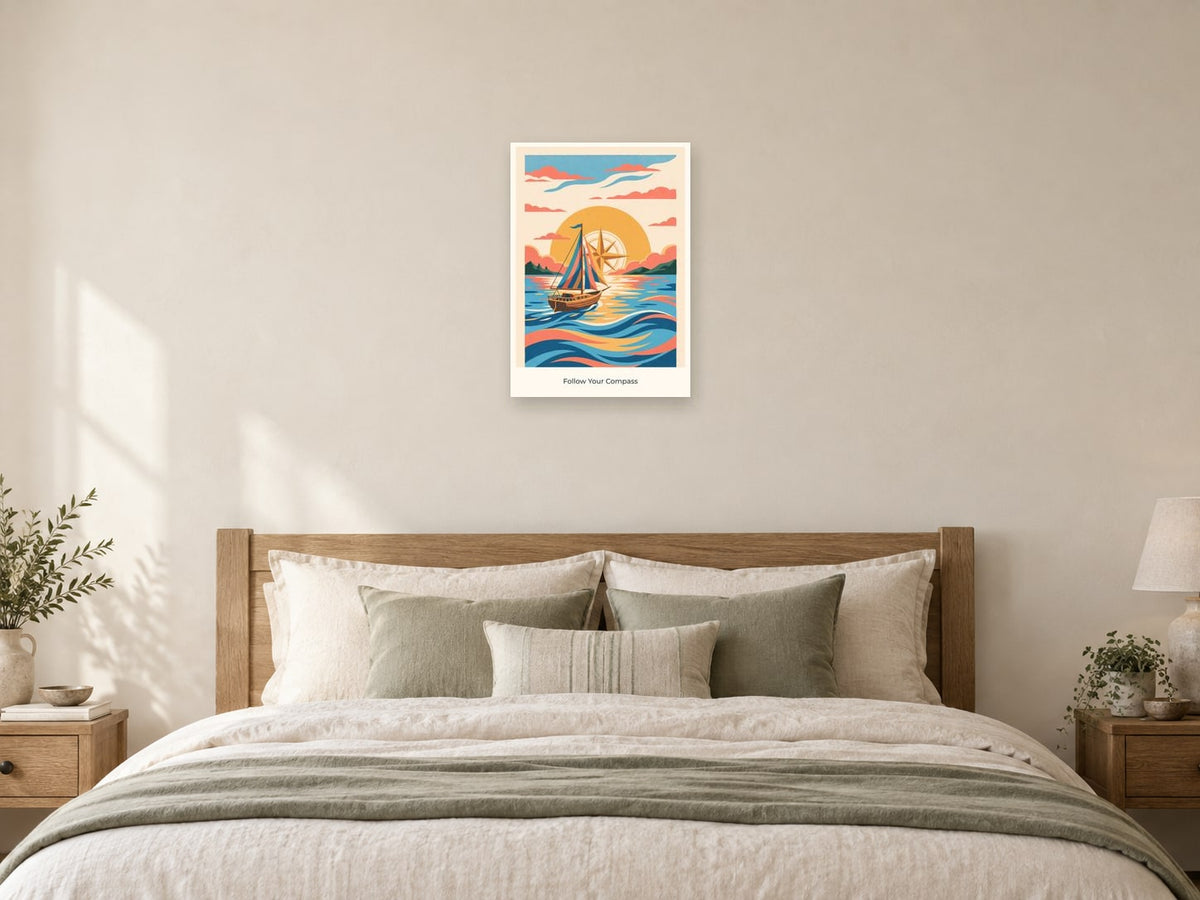 Follow Your Compass — Adventure Atlas Children’s Art Print at A2, as a poster, above a bed