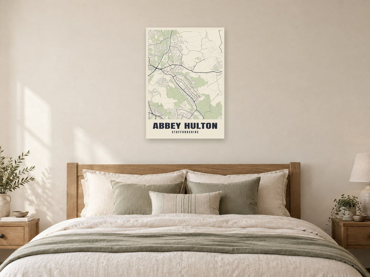 Abbey Hulton Street Map Poster at A1, as a poster, above a bed