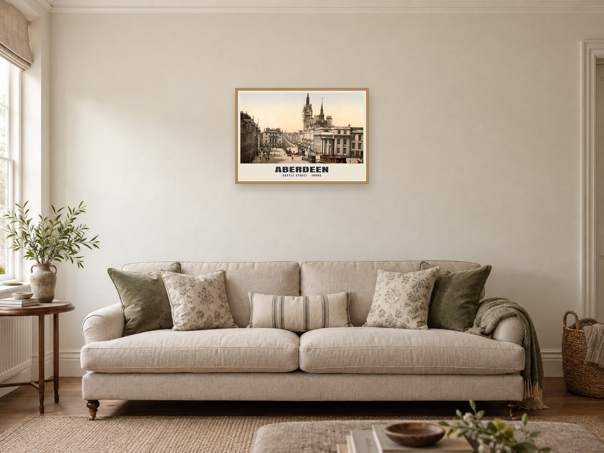 Castle Street, Aberdeen, 1890s Heritage Print at A2, in a natural wood frame, in a sitting room