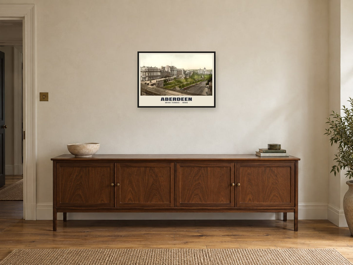 Union Terrace, Aberdeen, 1890s Heritage Print at A2, in a black frame, above a sideboard