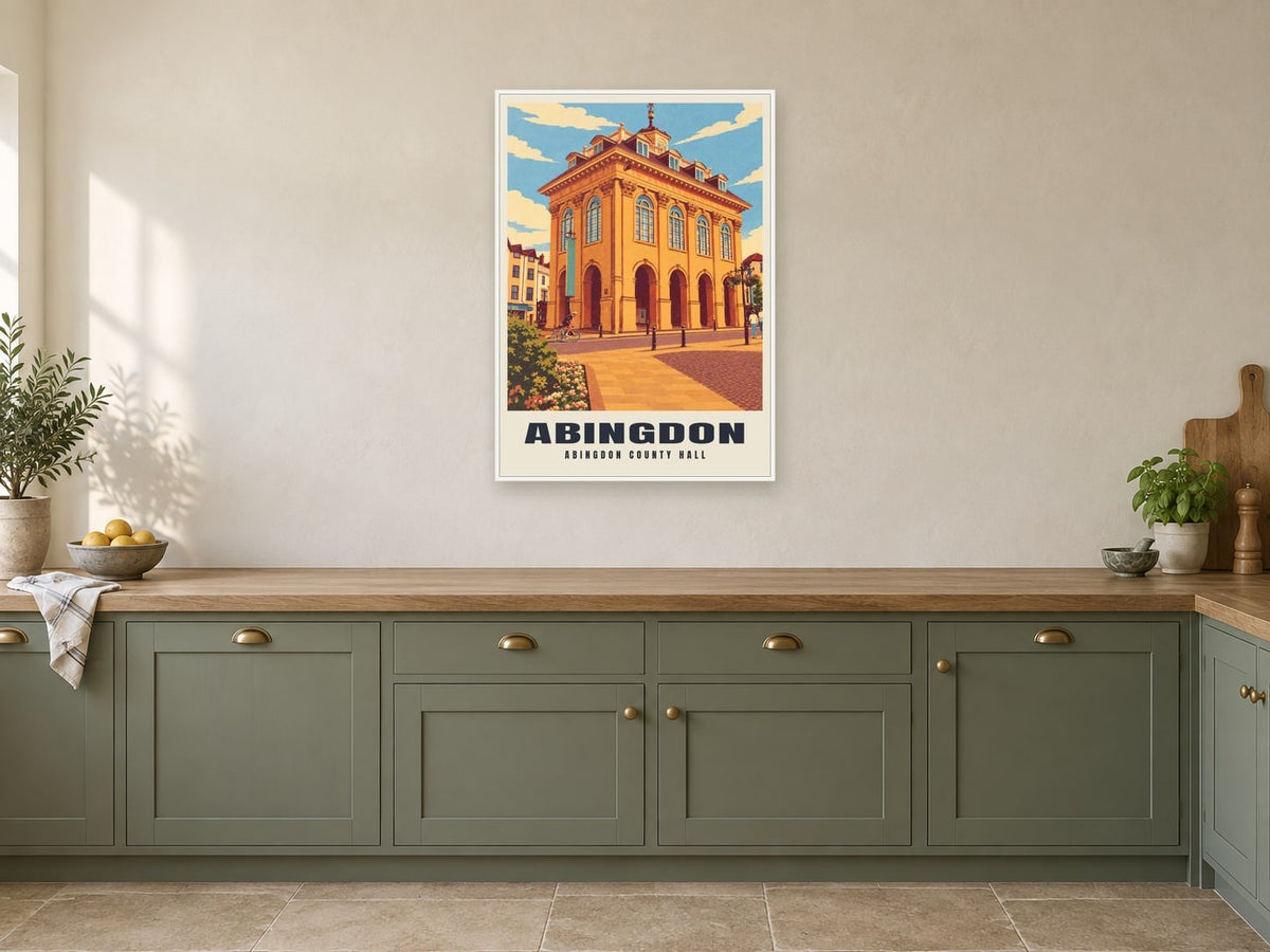 Abingdon County Hall Poster at A1, in a white frame, in a kitchen