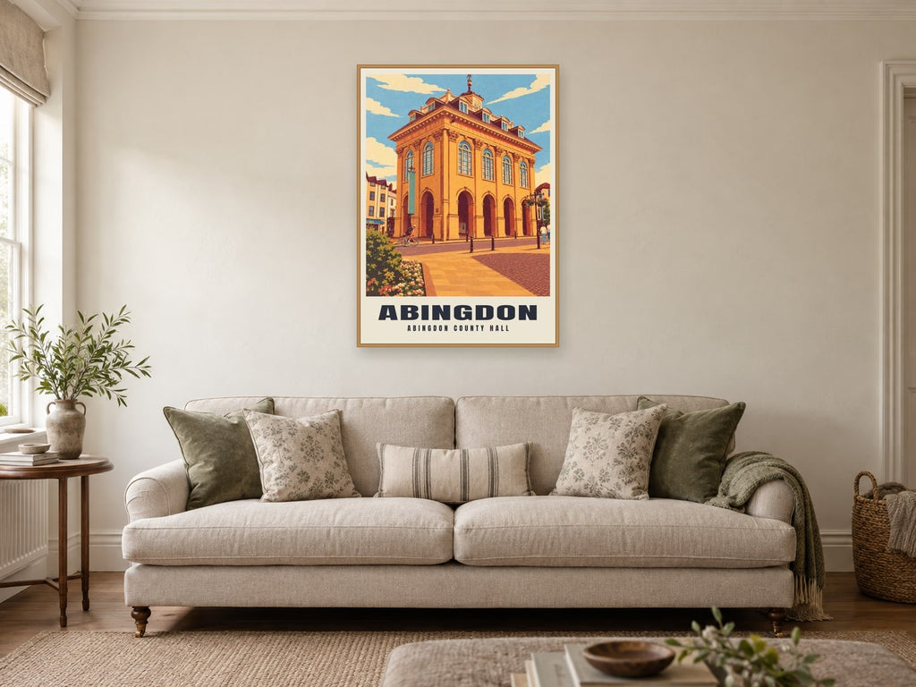 Abingdon County Hall Poster at A1, in a natural wood frame, in a sitting room