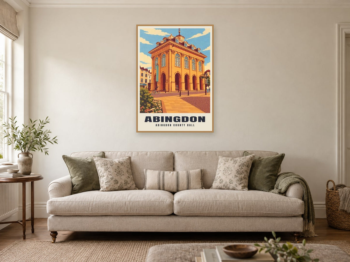 Abingdon County Hall Poster at A1, in a natural wood frame, in a sitting room