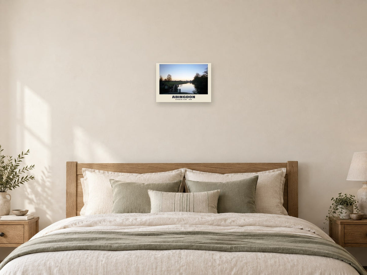 Riverside view, Abingdon, 1990 Heritage Print at A3, as a poster, above a bed