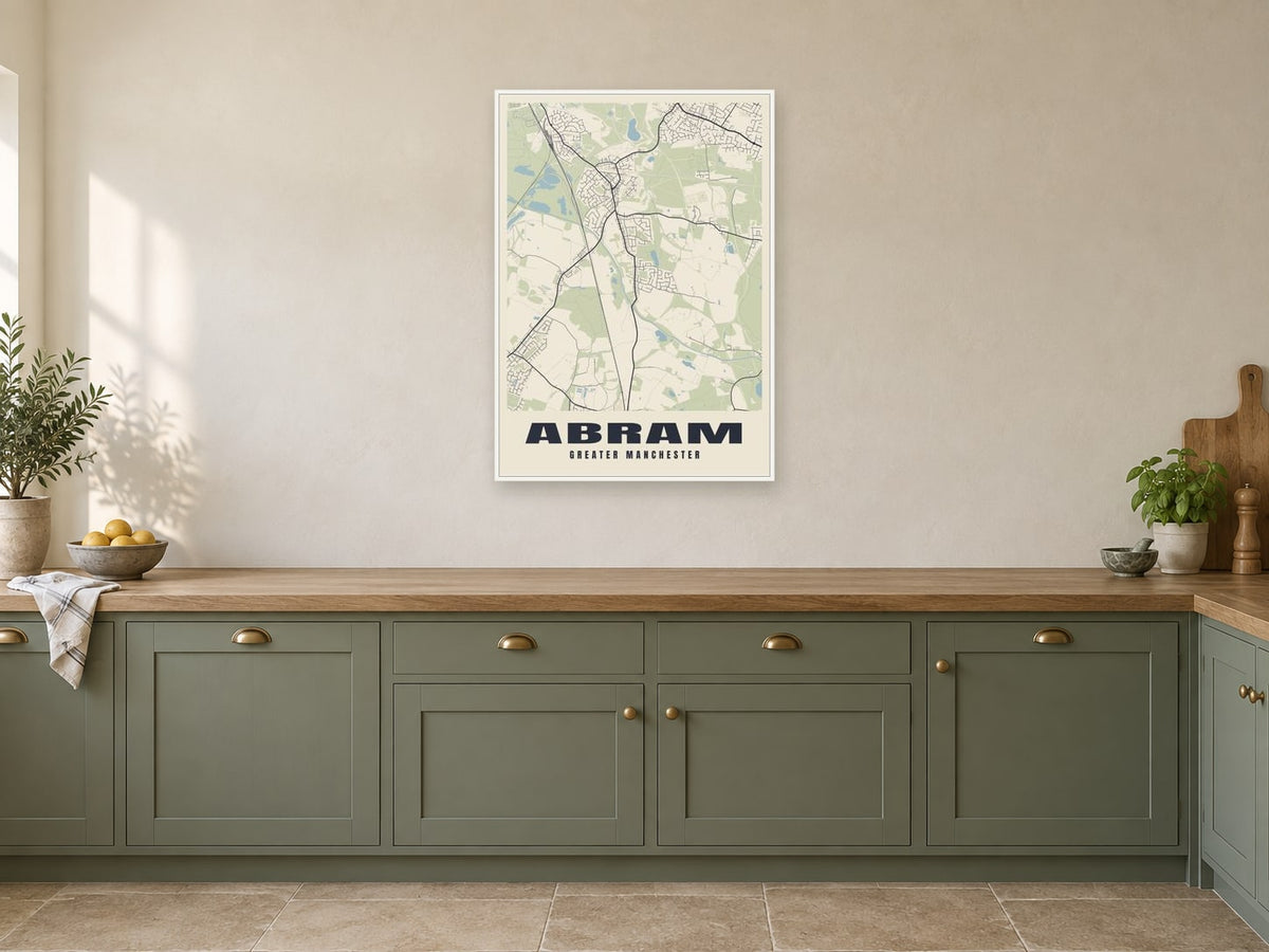 Abram Street Map Poster at A1, in a white frame, in a kitchen