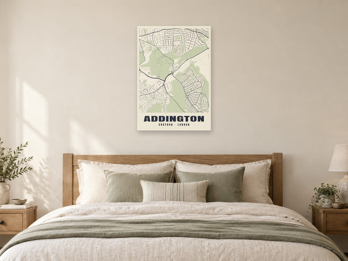 Addington Heritage Street Map Poster at A1, as a poster, above a bed
