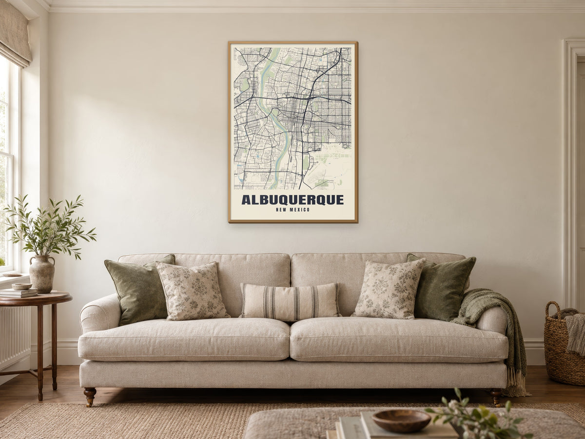 Albuquerque Street Map Poster at A1, in a natural wood frame, in a sitting room