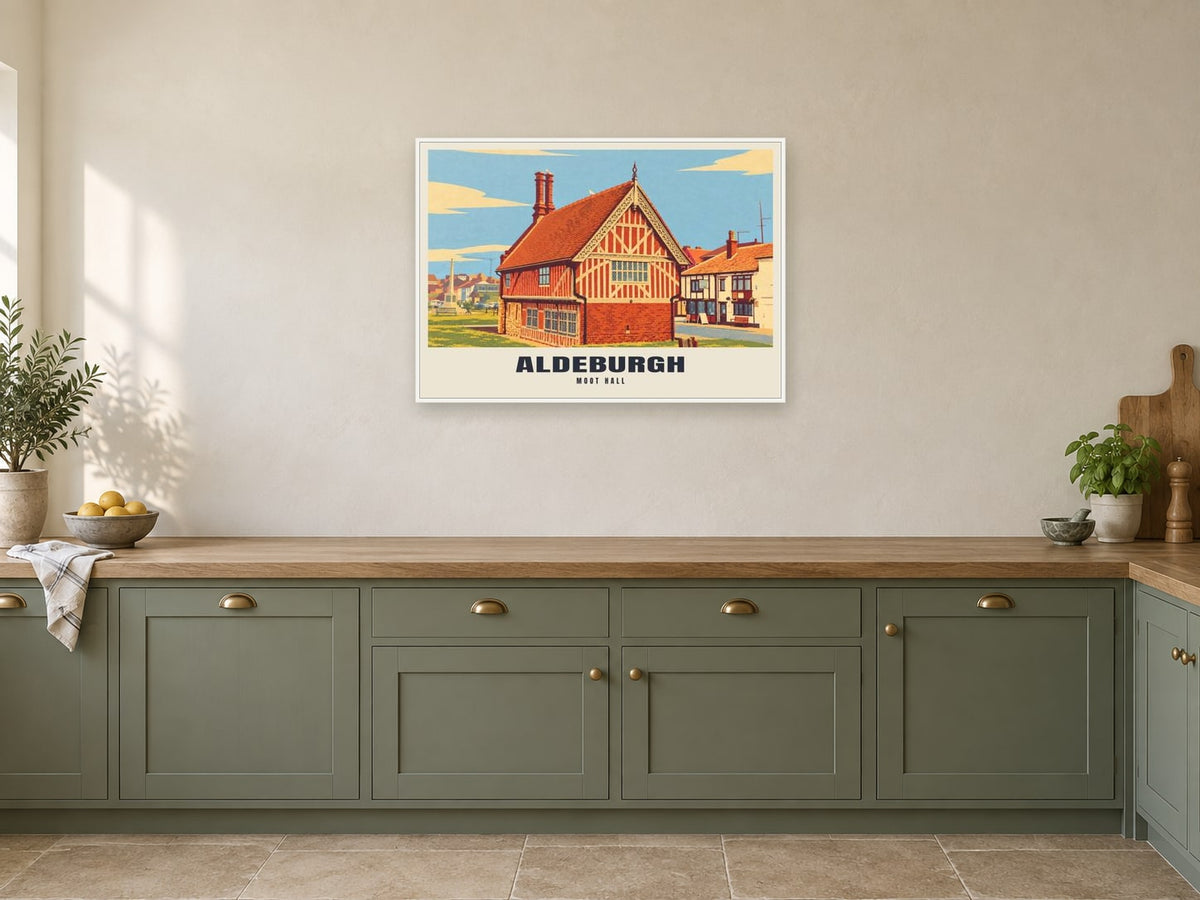 Moot Hall, Aldeburgh Poster at A1, in a white frame, in a kitchen