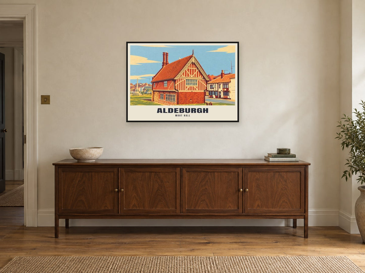 Moot Hall, Aldeburgh Poster at A1, in a black frame, above a sideboard