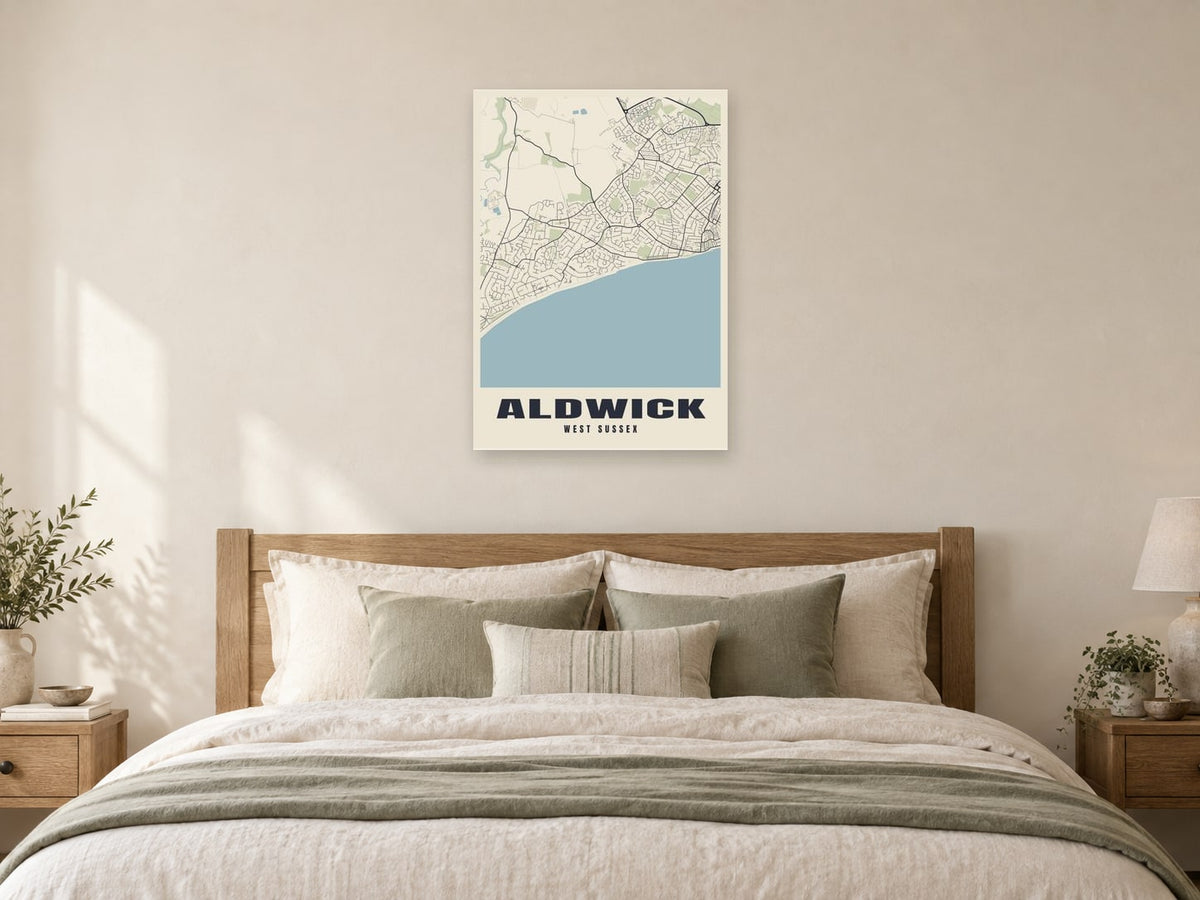 Aldwick Street Map Poster at A1, as a poster, above a bed