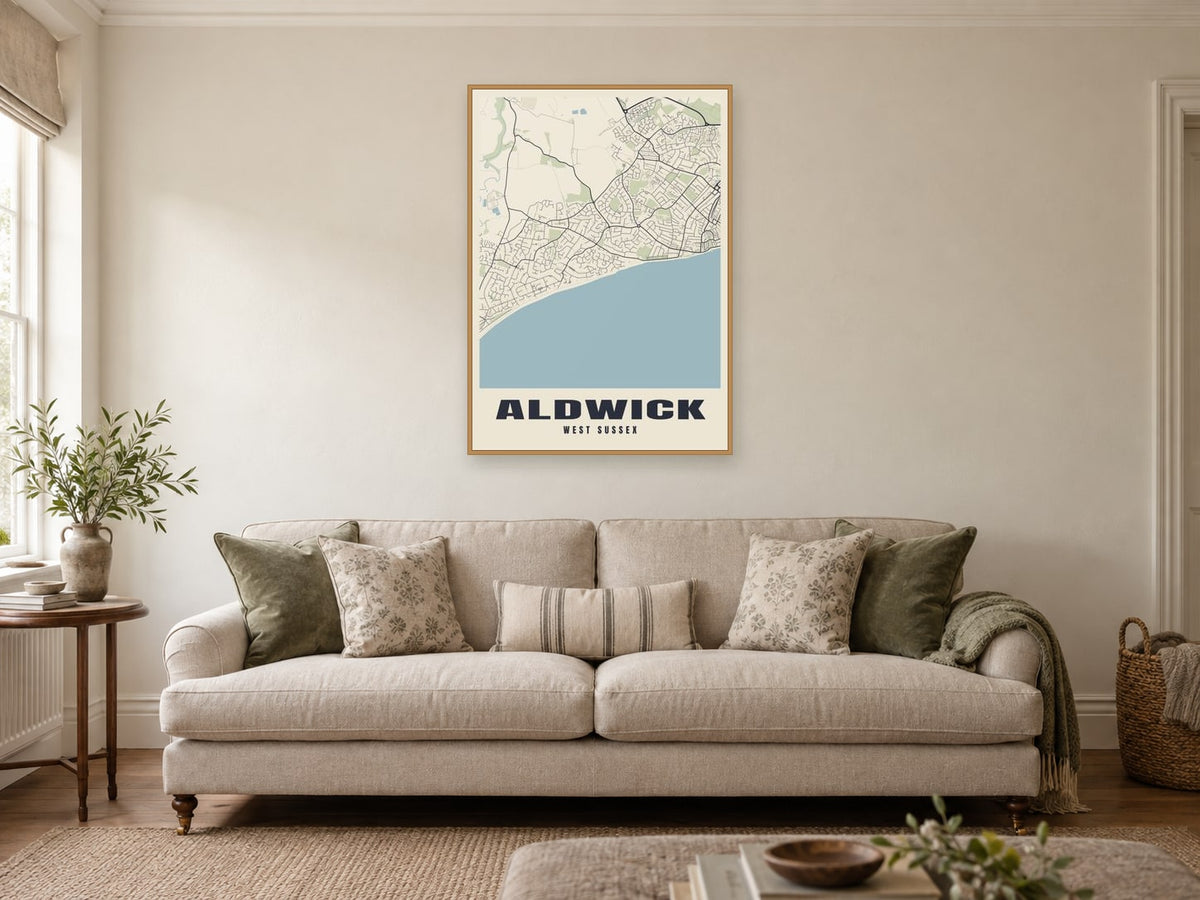 Aldwick Street Map Poster at A1, in a natural wood frame, in a sitting room