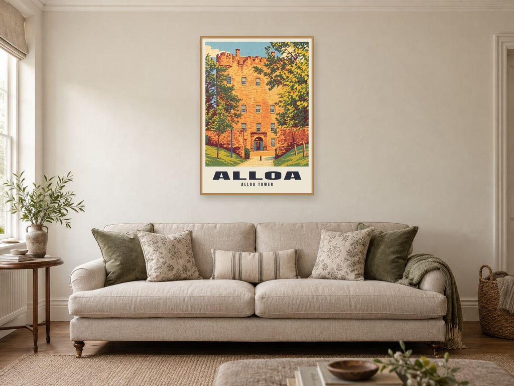 Alloa Tower Poster at A1, in a natural wood frame, in a sitting room