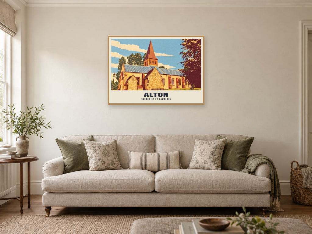 Church of St Lawrence, Alton Poster at A1, in a natural wood frame, in a sitting room