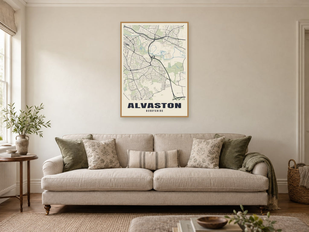 Alvaston Street Map Poster at A1, in a natural wood frame, in a sitting room