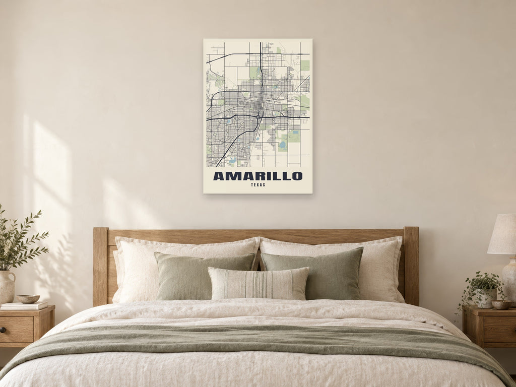 Amarillo Street Map Poster at A1, as a poster, above a bed