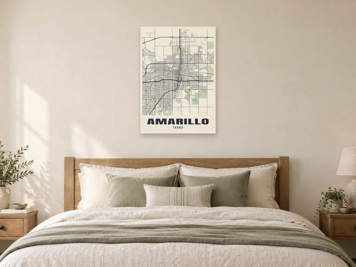 Amarillo Street Map Poster at A1, as a poster, above a bed