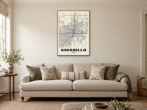 Amarillo Street Map Poster at A1, in a natural wood frame, in a sitting room