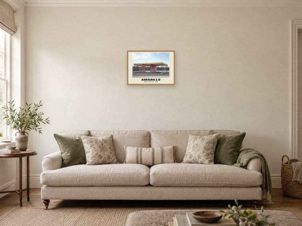 Sunset Drive-In, Amarillo, Texas — 1977 · Historic photograph print at A3, in a natural wood frame, in a sitting room