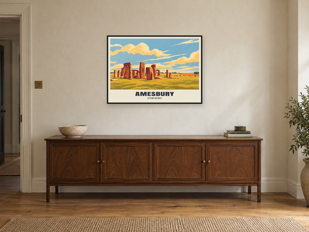 Stonehenge, Amesbury Poster at A1, in a black frame, above a sideboard