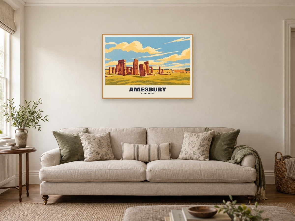 Stonehenge, Amesbury Poster at A1, in a natural wood frame, in a sitting room