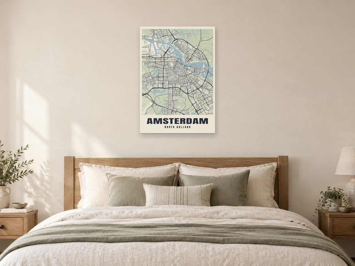 Amsterdam Street Map Poster at A1, as a poster, above a bed