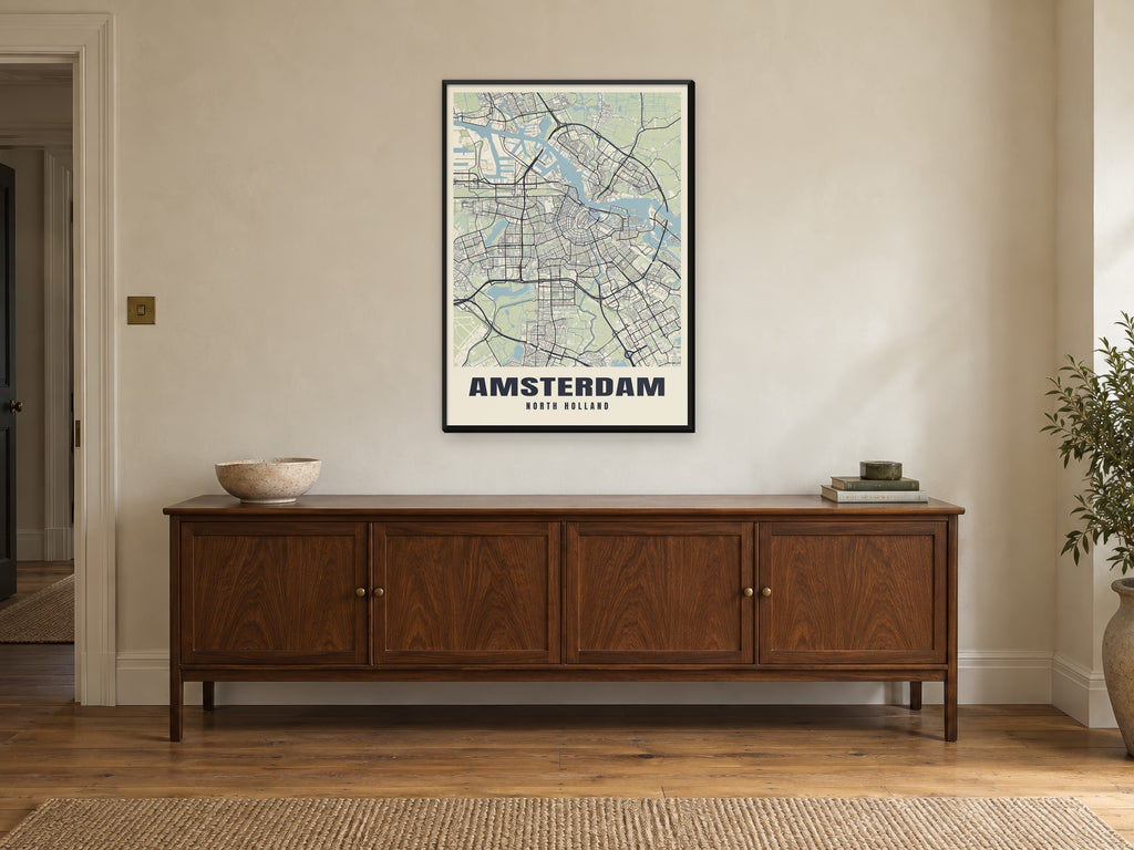 Amsterdam Street Map Poster at A1, in a black frame, above a sideboard