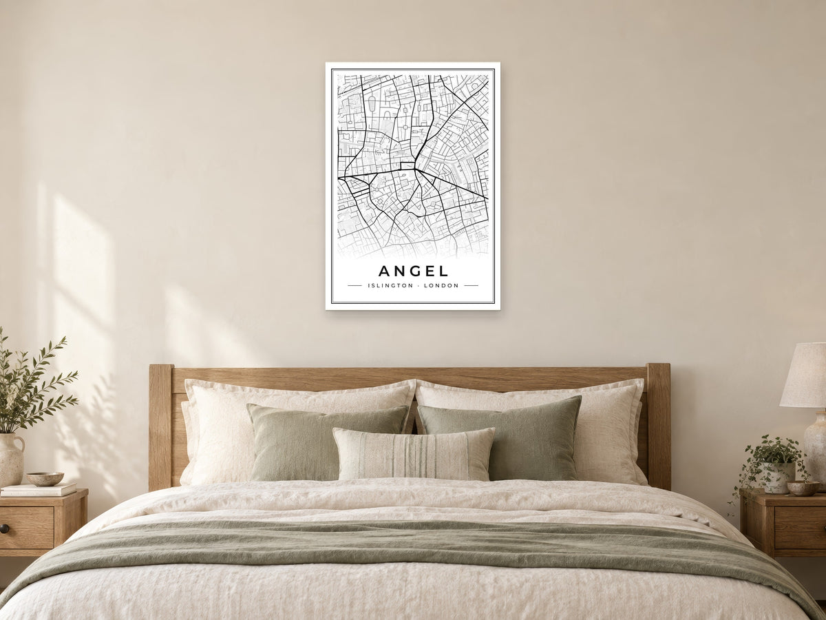 Angel Street Map Poster at A1, as a poster, above a bed