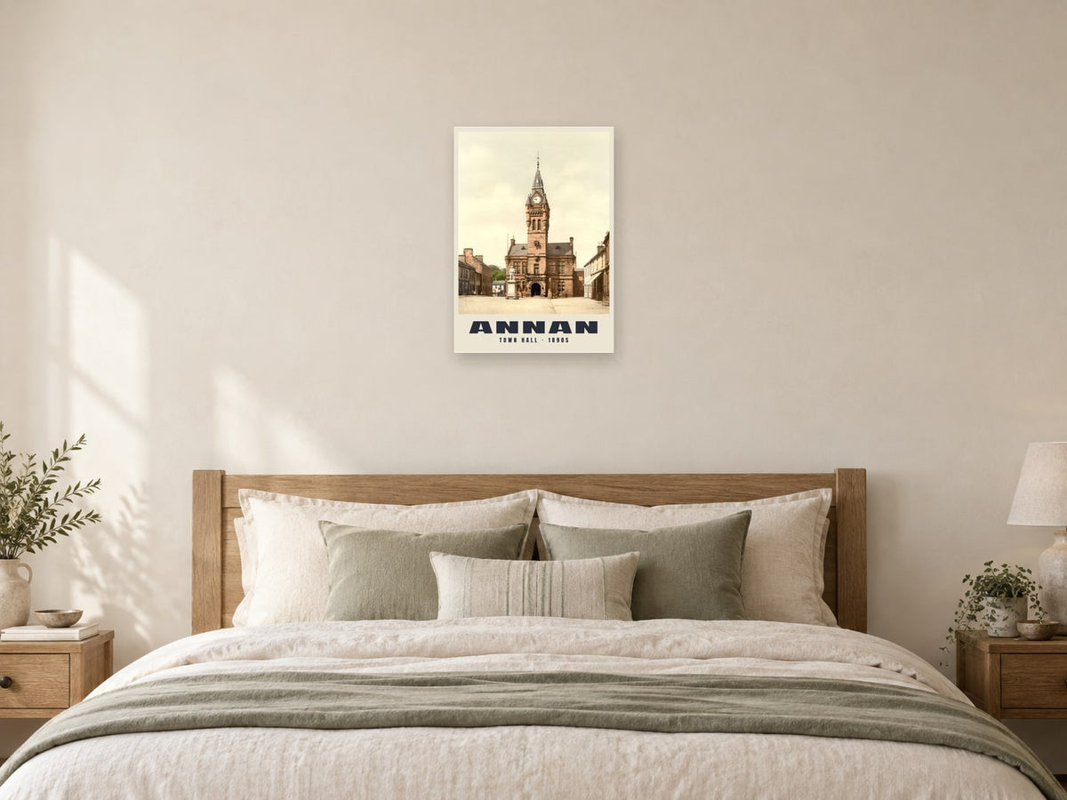 Town Hall, Annan, 1890s Heritage Print at A2, as a poster, above a bed