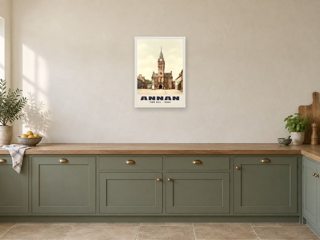 Town Hall, Annan, 1890s Heritage Print at A2, in a white frame, in a kitchen