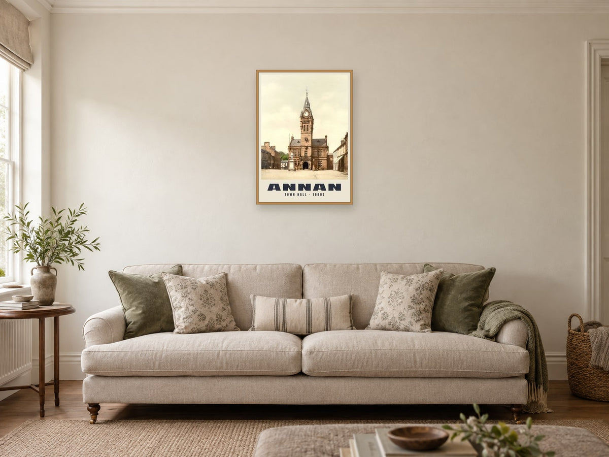 Town Hall, Annan, 1890s Heritage Print at A2, in a natural wood frame, in a sitting room