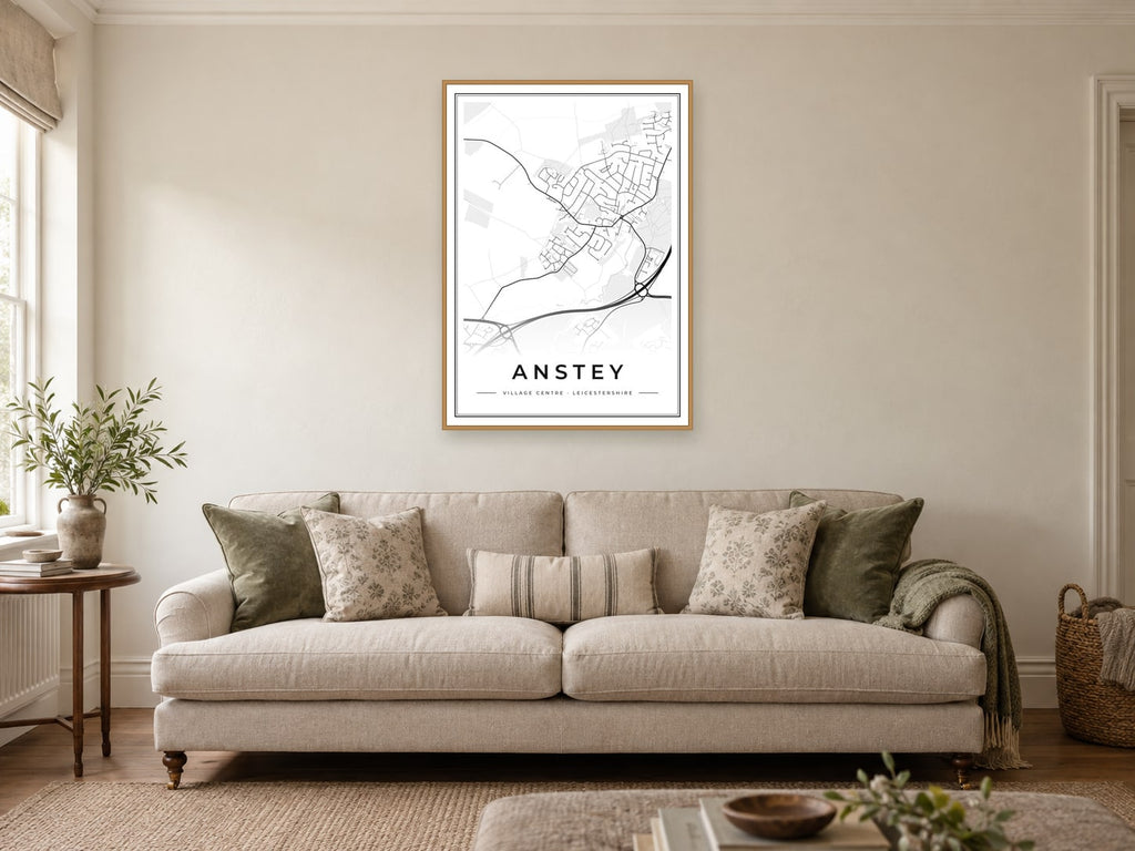 Anstey Village Centre Street Map Poster at A1, in a natural wood frame, in a sitting room