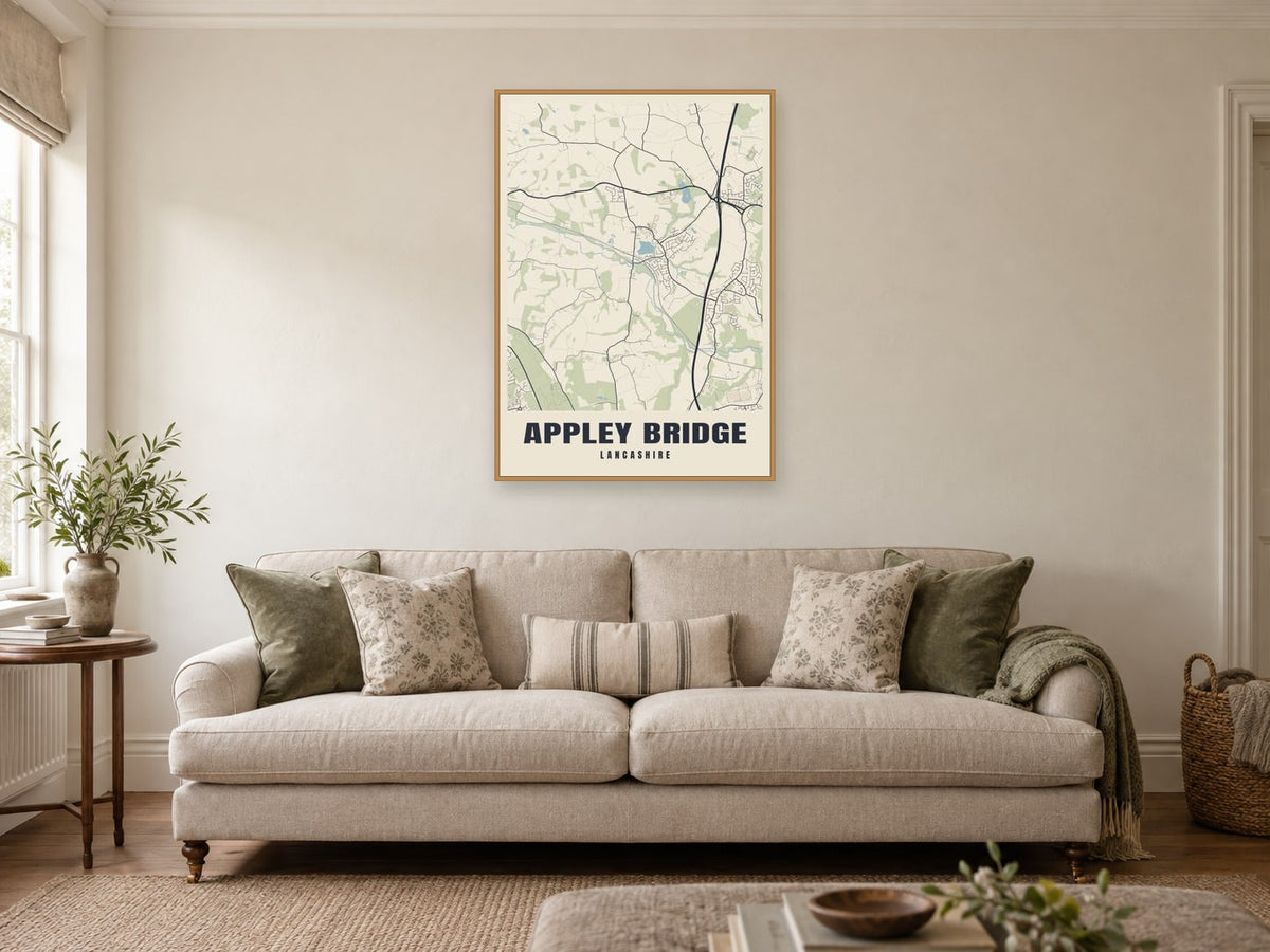 Appley Bridge Street Map Poster at A1, in a natural wood frame, in a sitting room